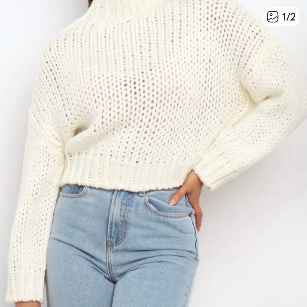 Petal & Pup White Cream Cropped Turtleneck Sweater - Size S/M - Chunky Knit
